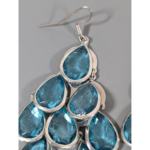 Teal Blue Teardrop Bezel Chandelier Long Dangle Earrings Boho Glam Statement - Picture 5 of 8